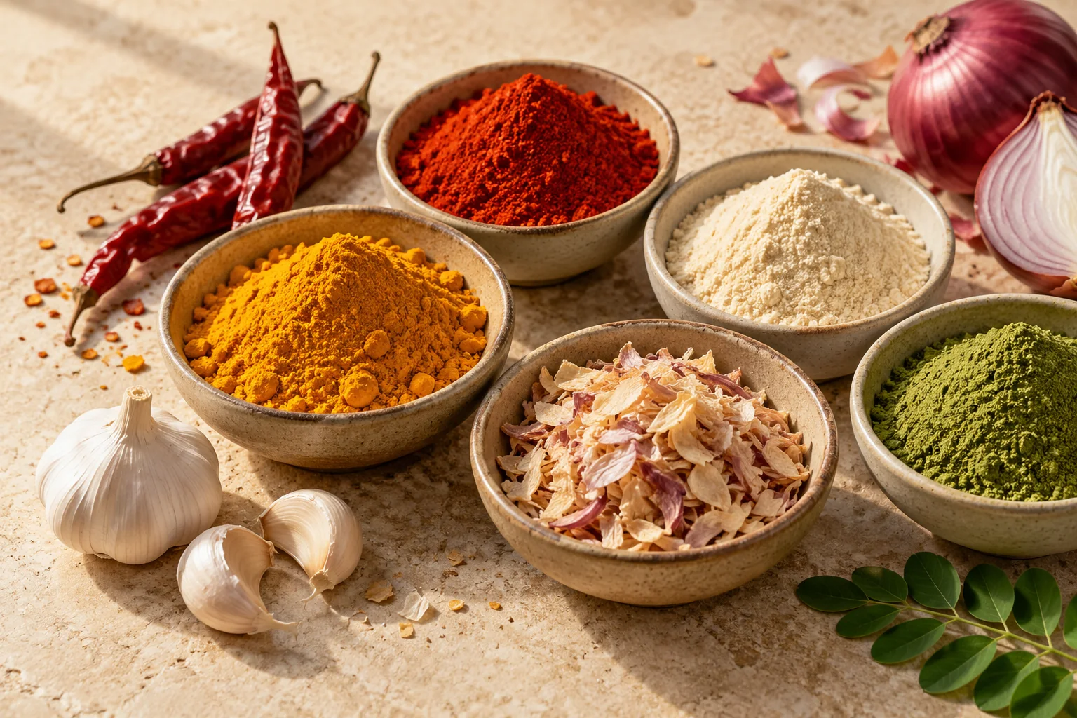 Colourful agricultural powders and dehydrated flakes with fresh produce