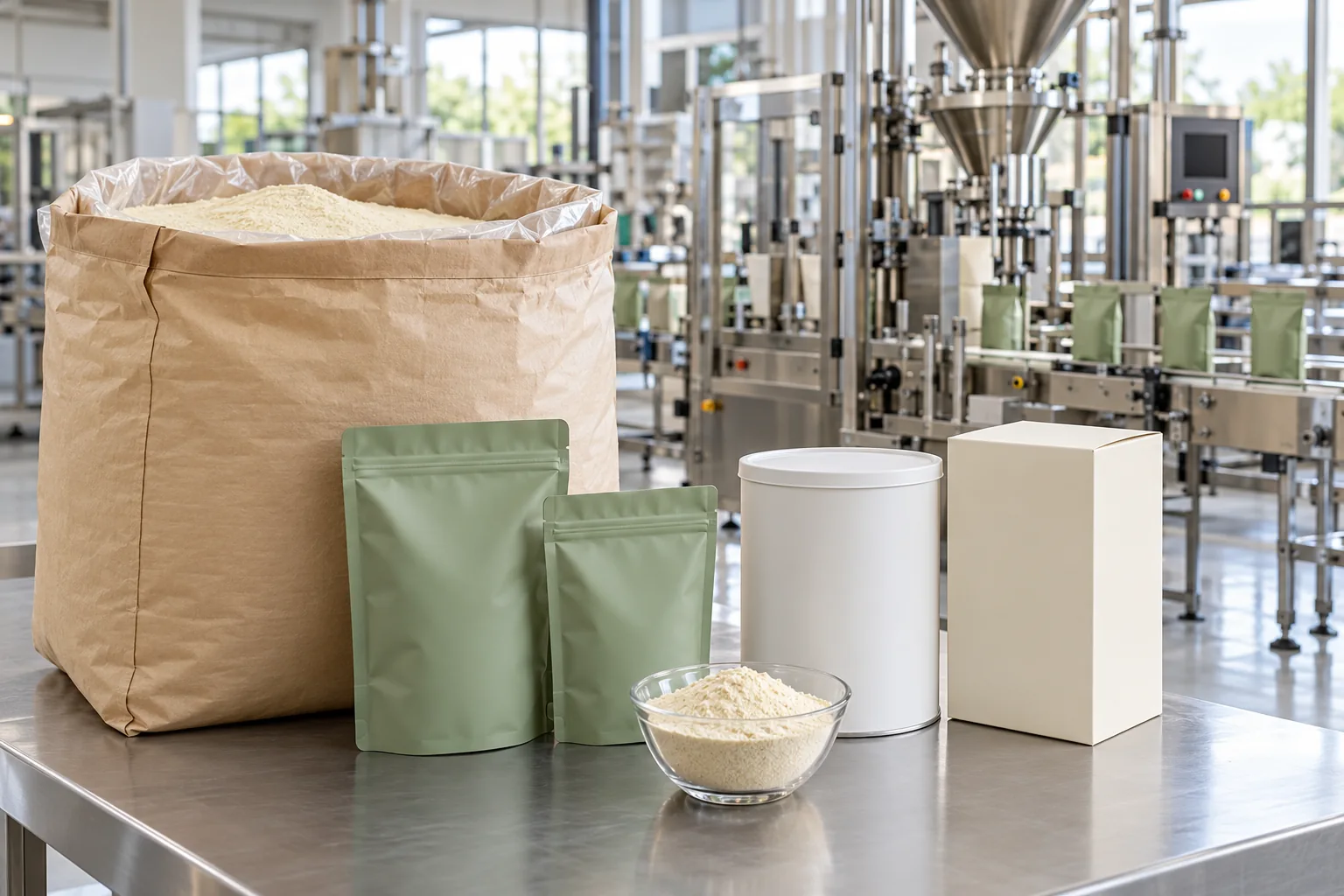 Illustrative bulk bags, retail pouches and cartons beside a clean automated packaging line
