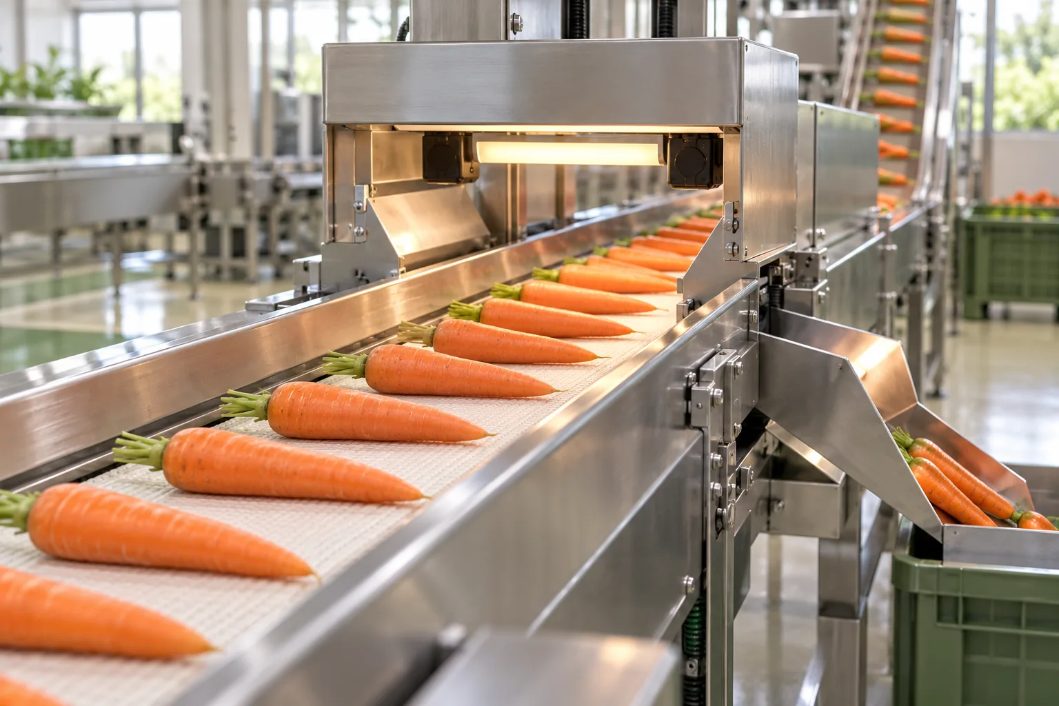 Illustrative machine-assisted produce sorting conveyor, with no manual handling